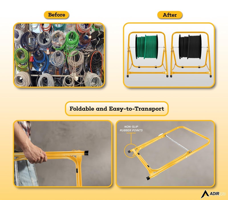 AdirPro Durable Single Axle Cable Caddy - Commercial Industrial Grade Steel Wire Dispenser - Compact Design Holds Cable Reels Up to 20" Diameter and 100 lb Capacity (Yellow) - Image 5